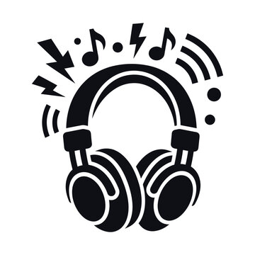 Headphones Silhouette Surrounded by Music Notes Sound Waves and Lightning Symbolizing Audio Energy