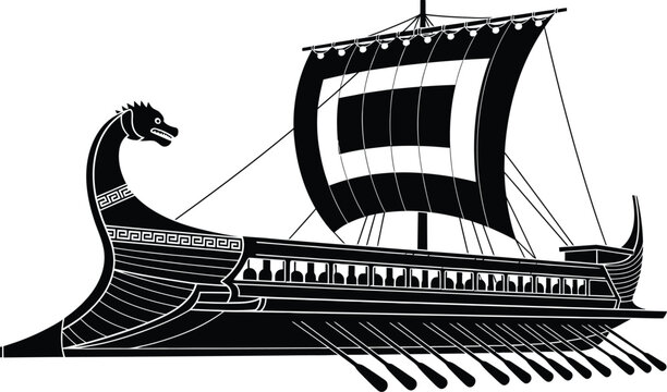Viking longship sailing vessel with dragon head and oars