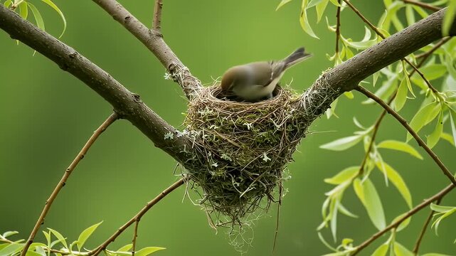 Bird's tail sticking up out of a grassy nest high in a tree against a green backdrop