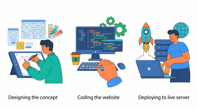 This image depicts the step-by-step web development process, illustrating designing the concept, coding, and deploying to a live server to convey a comprehensive workflow.