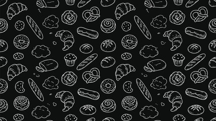 Naklejka premium Seamless hand-drawn bakery and pastry doodle pattern on a black chalkboard background, featuring white sketches of croissants, baguettes, donuts, bread, and cookies for cafe and menu design.
