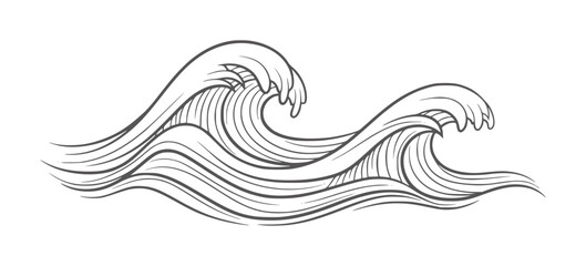 Fototapeta premium Stylized dark grey line of two crashing ocean waves water nature