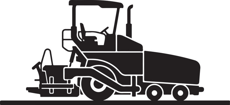 Black asphalt paver vector, road construction equipment, paving truck icon, heavy machinery silhouette