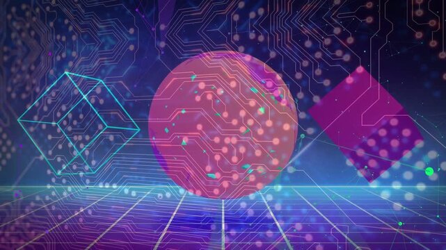 On load central sphere pulsing as cubes rotating and circuits scrolling for looping cyber display
