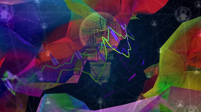Data pulsing unfolding in stars sphere growing neon lines moving ribbons framing grid showing trend