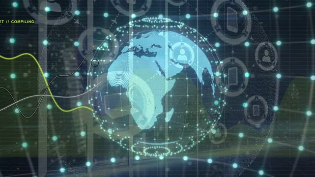 COMPILING status starting hologram globe appearing, waves sweeping, nodes lighting, showing data