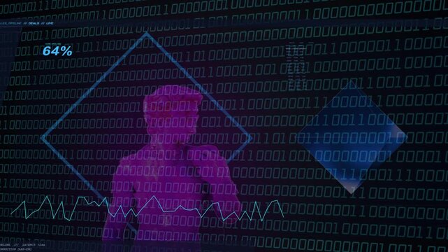 Diamond box forming and cyber-UI detecting magenta silhouette, tracking, fading, showing 64%
