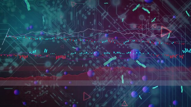 Sphere cluster reacting to pulse, shifting while particles growing and graphs tracing for analytics