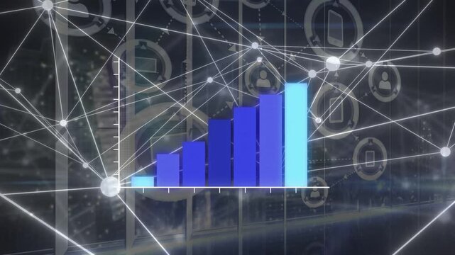 Empty axis fading in, bar chart rising to peak then collapsing, network pulsing showing data cycle