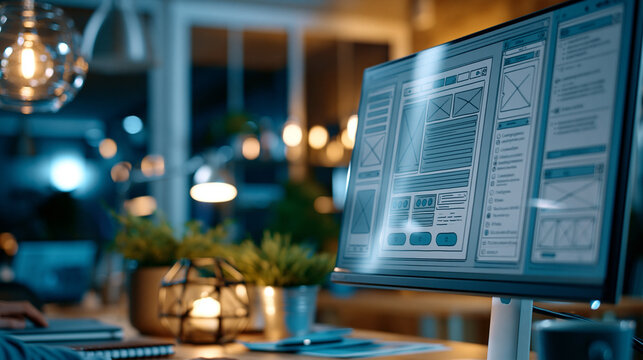 Detailed UI UX application wireframe mockup displayed on a high resolution computer monitor showing a structured app layout with placeholder navigation bars content blocks