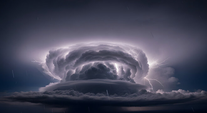 Massive supercell storm cloud with internal lightning at night.