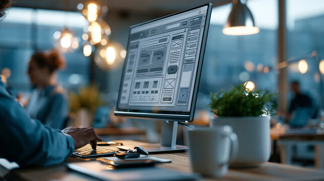 Detailed UI UX application wireframe mockup displayed on a high resolution computer monitor showing a structured app layout with placeholder navigation bars content blocks