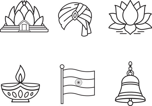 Line art icons representing various symbols of Indian culture, including a temple, turban, lotus flower, diya lamp, national flag, and temple bell.