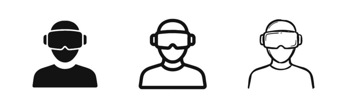 Virtual Reality VR Headset User Icon Set in Three Different Styles