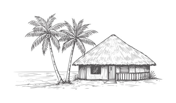 Tropical thatched hut with palm trees a beach beside the ocean
