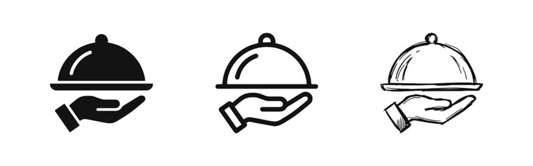 Food Service Catering Cloche Tray Icon Set in Three Different Styles