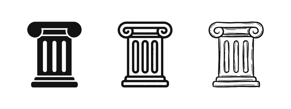 Ancient Greek column icons in three styles representing architecture and history
