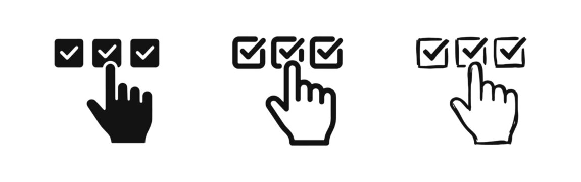 Hand selecting checkbox icons in three styles for survey and task completion