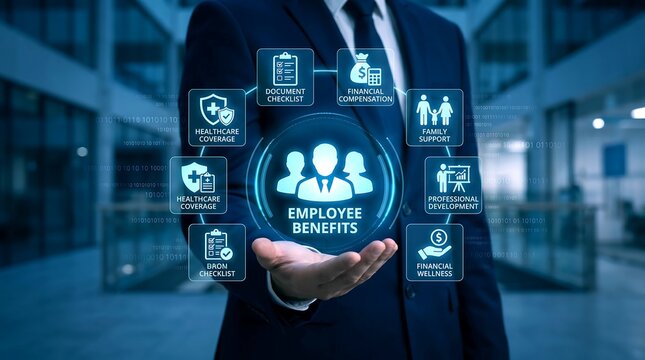 Employee benefits concept with businessman holding glowing digital interface, corporate compensation and insurance icons, human resources management