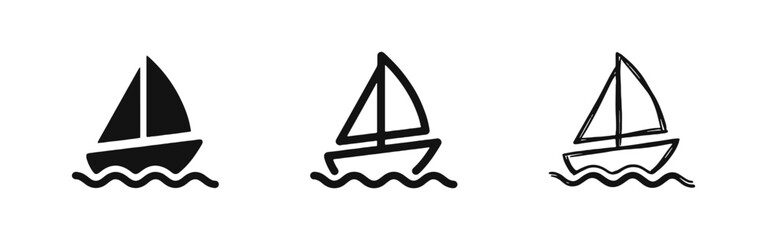 Sailboat on waves icons in different styles for travel and nautical themes © drawing lines