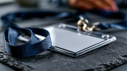 Vertical ID card badge holder mockup with a wide woven navy blue lanyard blank white card inside the clear holder lying flat on a dark slate surface with a slight angle for