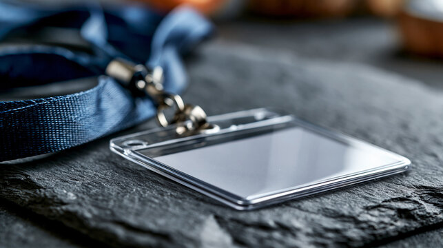 Vertical ID card badge holder mockup with a wide woven navy blue lanyard blank white card inside the clear holder lying flat on a dark slate surface with a slight angle for