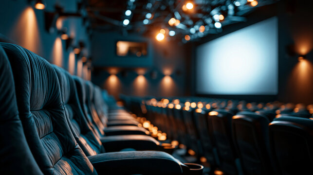 Large modern cinema auditorium interior with rows of empty dark plush seats facing a massive blank white projection screen dramatic uplighting on the side walls creating