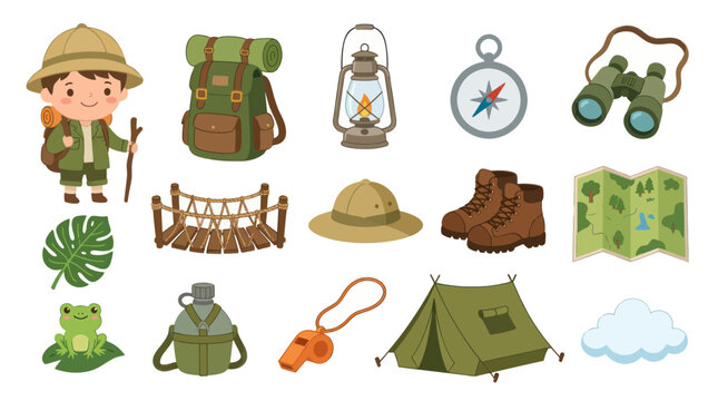 Cute Cartoon Camping Gear and Explorer Icons - Flat Style Vector