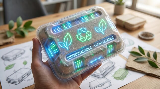 A hand holding a biodegradable and compostable clear plastic container with green and blue.