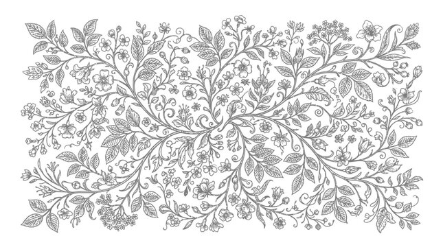 Seamless Line Art Floral and Berry Pattern Border, Repeating Botanical Design with Leaves on Isolated White Background.