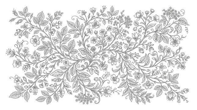 Seamless Line Art Wildflower and Leaf Pattern Border, Repeating Botanical Design on Isolated White Background.