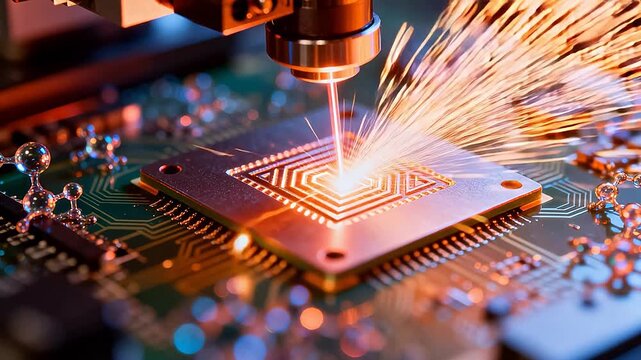 Laser equipment precision machining complex chip circuit with sparks and red beam