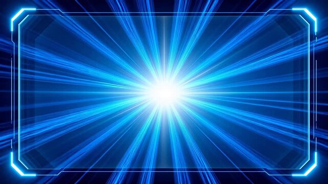 Futuristic interface frame with glowing blue border and radial light beams