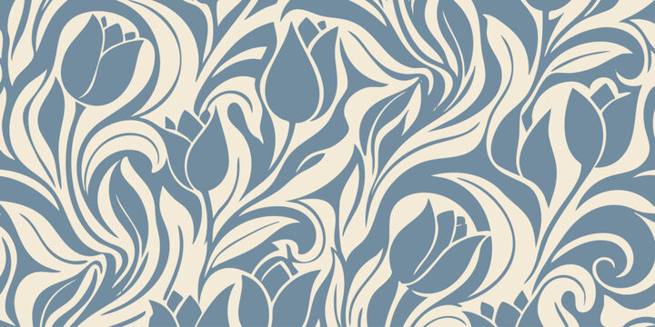 Blue and white floral pattern fills the entire frame with leaves and buds