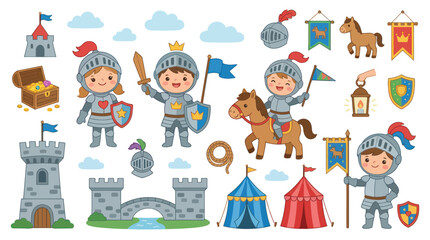 Fototapeta premium Cute Cartoon Medieval Knight and Castle Elements Kit