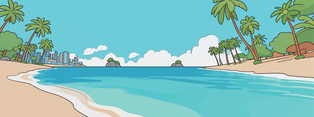 Obraz premium A flat cartoon illustration of a sunny tropical coastal beach scene, with blue ocean waves, sandy shores, palm trees, distant city skyline and scattered clouds.