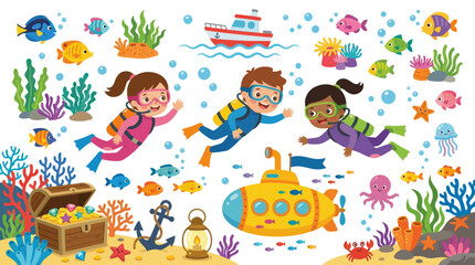 Fototapeta premium Kids Scuba Diving Underwater Adventure Flat Vector Illustration with Marine Life and Submarine