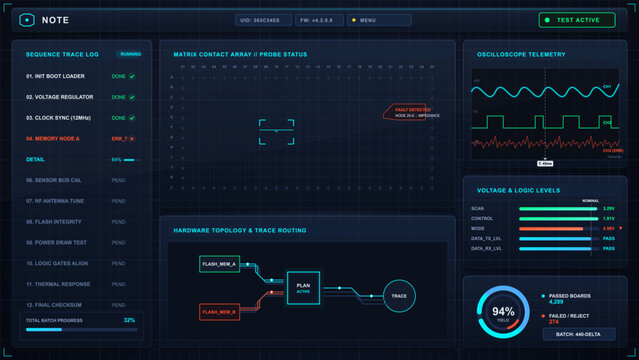 Futuristic circuit board test fixture dashboard with contact probe matrix, trace routing, oscilloscope telemetry, voltage checks, and yield gauge.