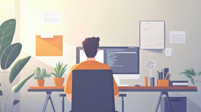 Illustration of a developer coding on a desktop computer in a cozy home office environment