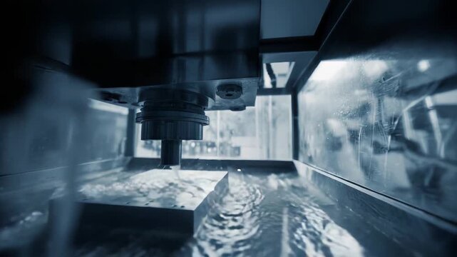 Cnc electric discharge machine processing metal with flowing water coolant, creating intricate shapes in a manufacturing setting, emphasizing precision and automation
