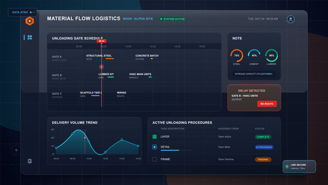 Futuristic construction material logistics dashboard with unloading gate schedule, delivery trend chart, gauges, delay alert, and procedure table