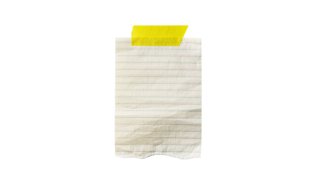 Torn lined paper note with yellow tape, isolated on transparent background