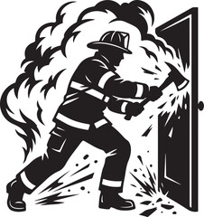 Naklejka premium Firefighter breaking door, emergency rescue vector, burning building illustration, fireman in action