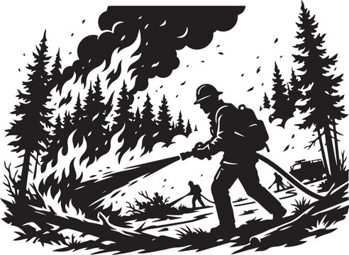 Wildfire fighter, forest fire, black silhouette, vector illustration, fireman, emergency response