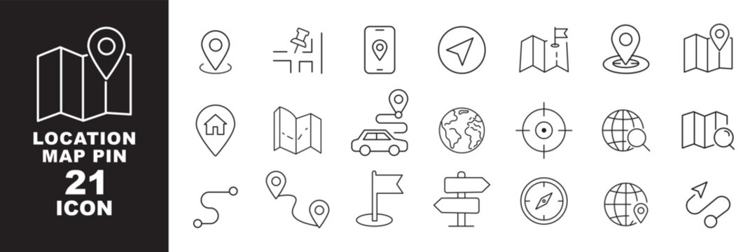 Roads and Navigation icons set. Highways, directions, driving and map routes. Thin line editable stroke vector. Road trip path, trail, home marker, journey, compass, globe, country, geography, tourism