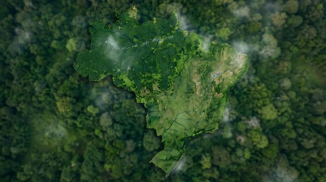 Aerial view of the Amazon rainforest with the map of Brazil outlined in lighter green foliage, symbolizing nature and conservation.