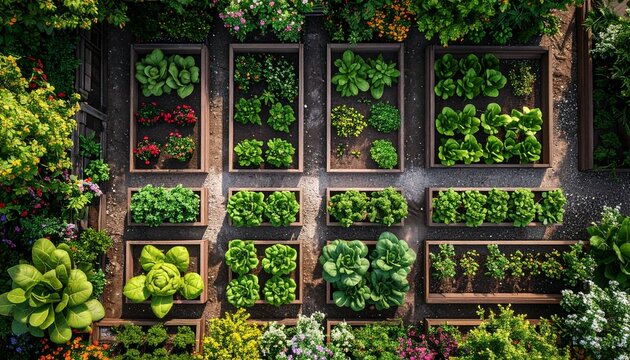 Vertical kitchen garden with raised wooden planters growing leafy vegetables and herbs