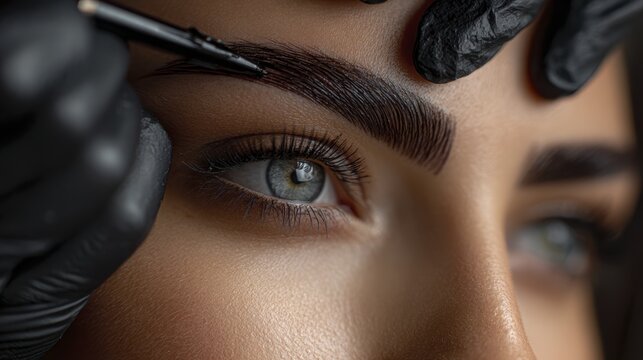 Eyebrow microblading procedure close-up on woman?s face in beauty salon