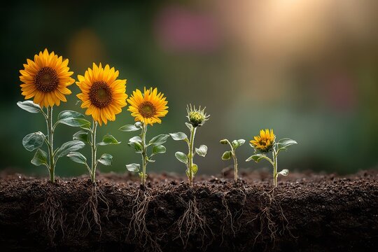 Sunflowers growing in soil with roots exposed stages of development blurred background with sunlight