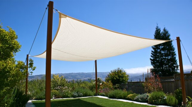 Large beige shade sail canopy against bright blue sky in backyard setting, showcasing modern outdoor sun protection, minimalist architecture and summer leisure atmosphere